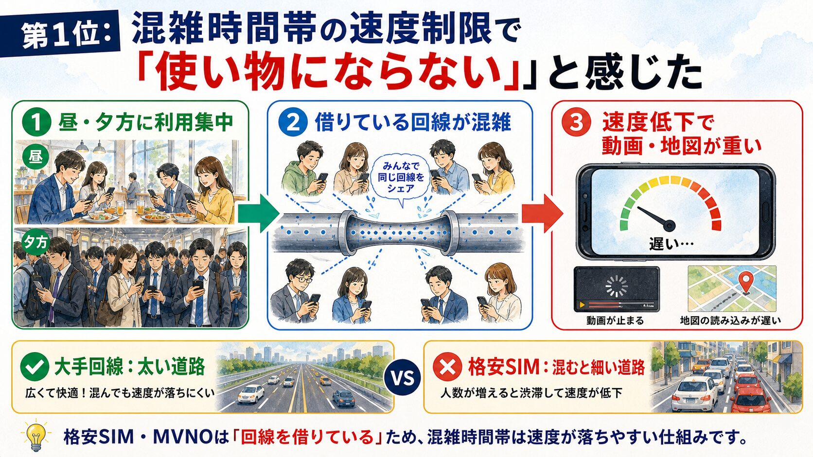 格安SIMが昼や夕方の混雑時間帯に遅くなる仕組みを説明した図解