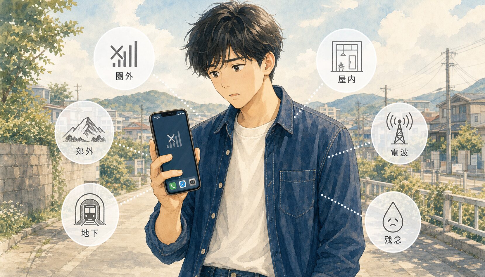 郊外で格安SIMが圏外になり困っている男性のイラスト