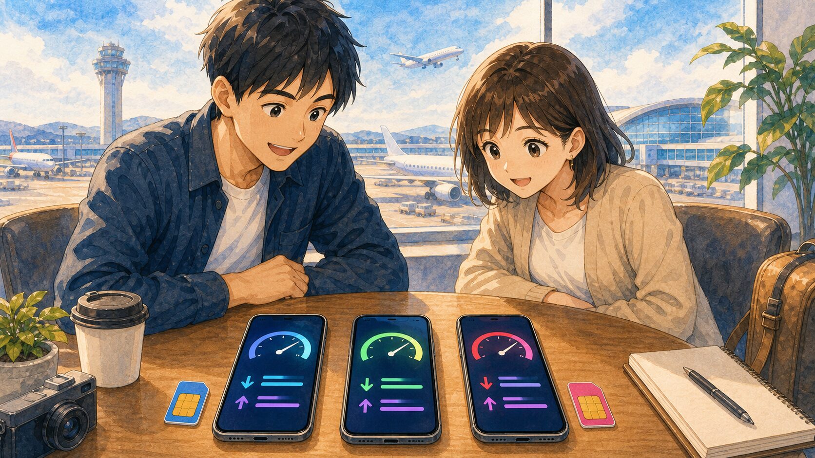 北京空港でahamoと楽天モバイルの通信速度を比較する様子