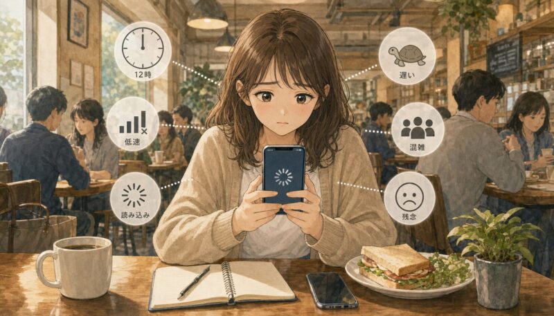 昼休みに格安SIMの低速で困っている女性のイラスト
