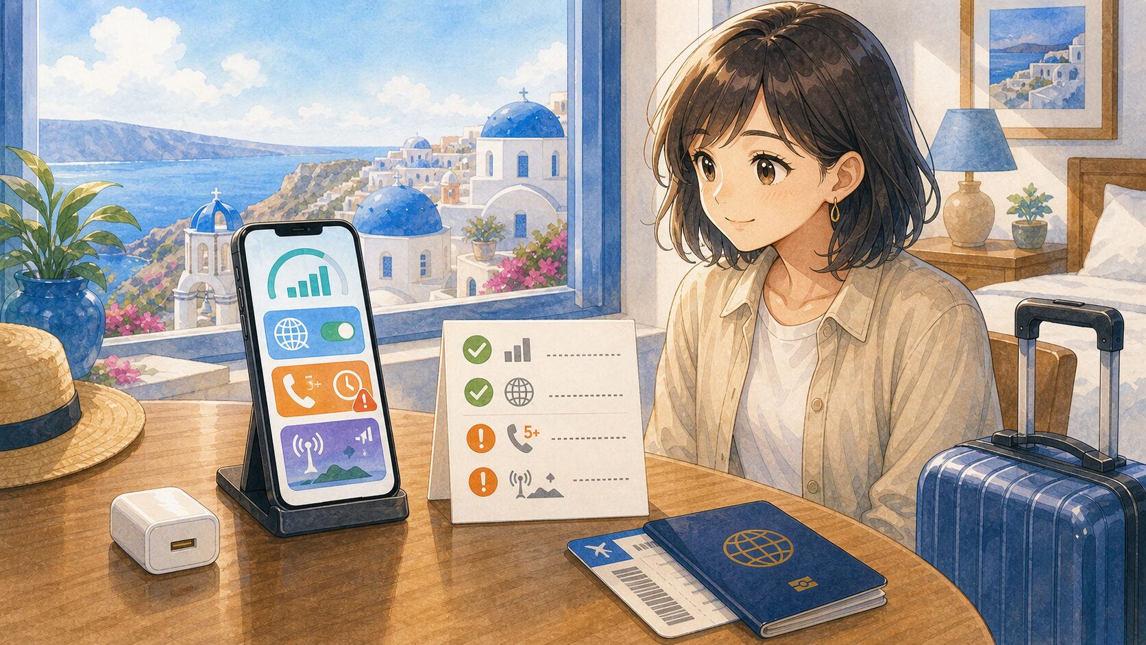 ギリシャ旅行前にahamoローミングの注意点を確認する様子