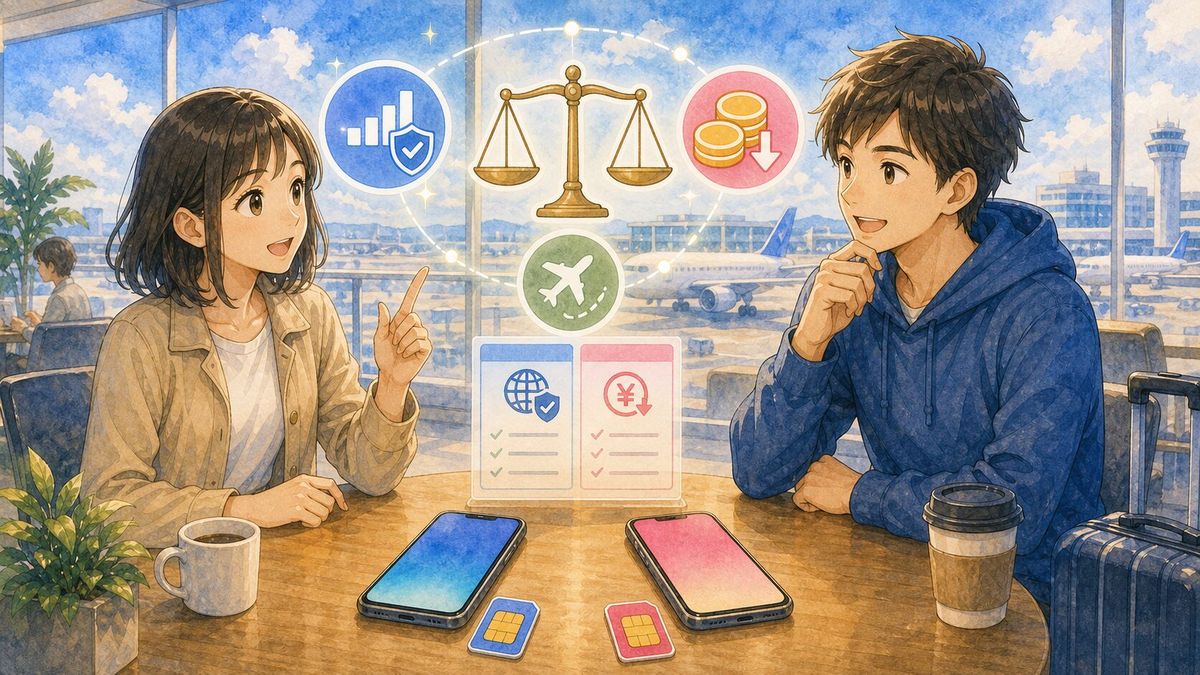 中国旅行向けにahamoと楽天モバイルを比較する様子