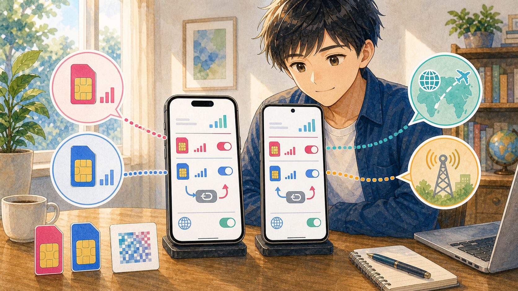 iPhoneとAndroidでデュアルSIMを設定するイメージ