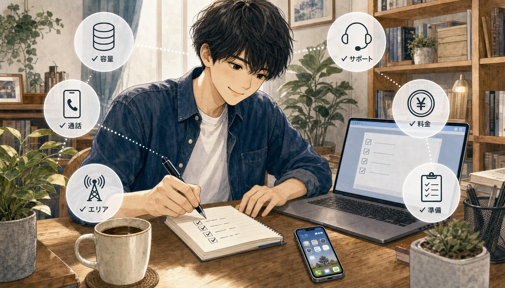 格安SIM契約前のチェックリストを確認している男性のイラスト