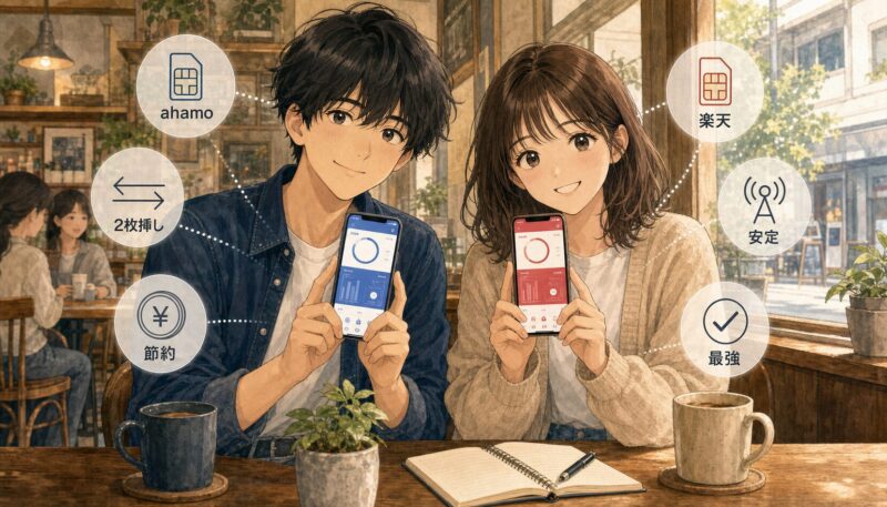 ahamoと楽天モバイルをデュアルSIMで使い分ける男女2人のイラスト