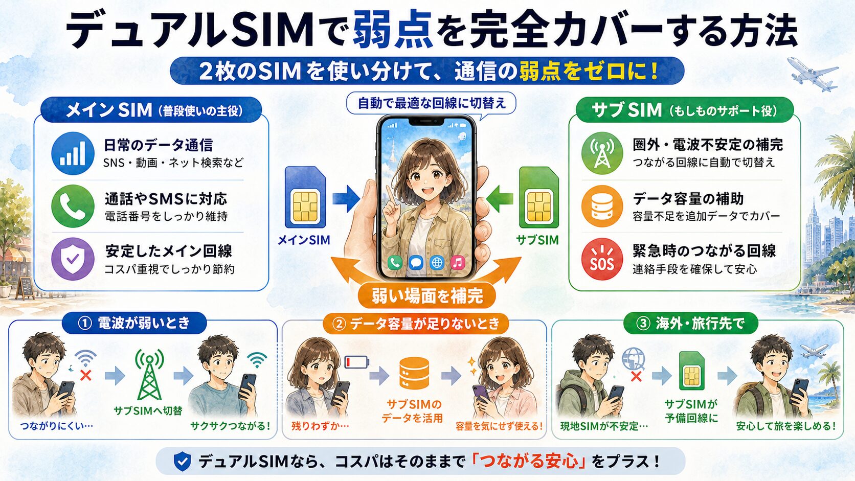 デュアルSIMで格安SIMの電波や容量不足の弱点をカバーする方法を説明した図解