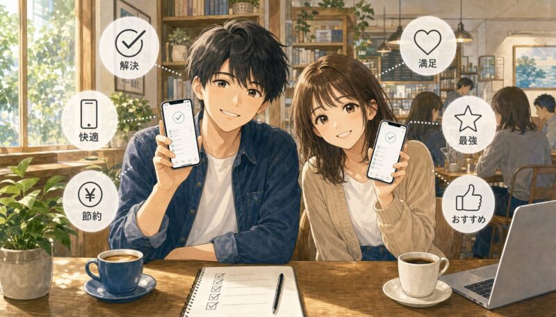 格安SIMの正しい選び方で節約に成功した男女2人のイラスト