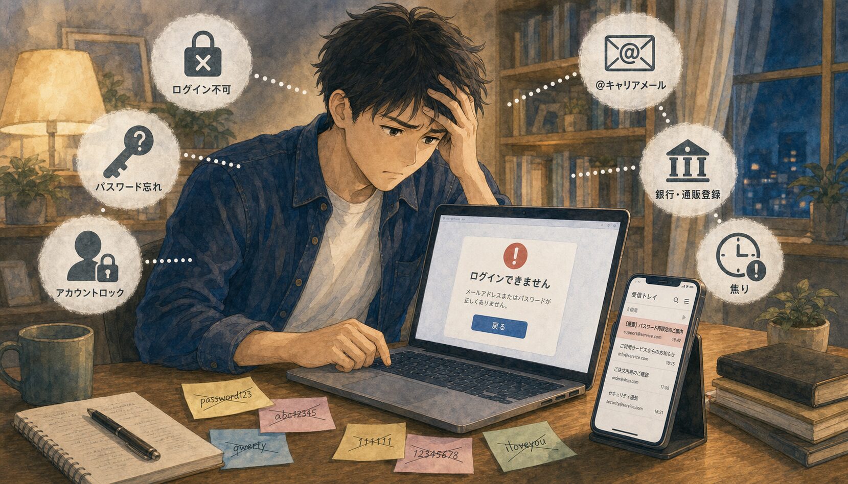 キャリアメール廃止で登録サービスにログインできなくなり困っている男性のイラスト、ログイン不可・パスワード忘れ・アカウントロック等のアイコンバブル付き