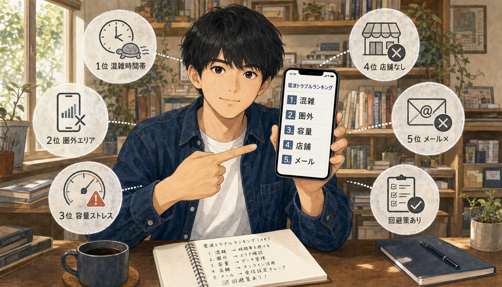 格安SIM乗り換えで後悔した5つの失敗パターンランキングを発表する男性のイラスト、混雑時間帯・圏外・容量ストレス・店舗なし・メール等のアイコンバブル付き